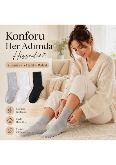 Çorap Giyim Kadın Bambu Uzun Çorap 6 Lı Paket, Dikişsiz Burunlu Yumuşak Dokulu Siyah Beyaz Gri