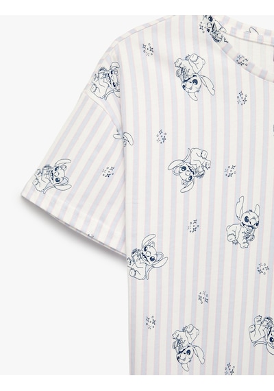 Koton Stitch Baskılı Pamuklu Lisanslı Bisiklet Yaka Kısa Kollu Şortlu Pijama Takımı Mavi Çizgili 6slk40208mk