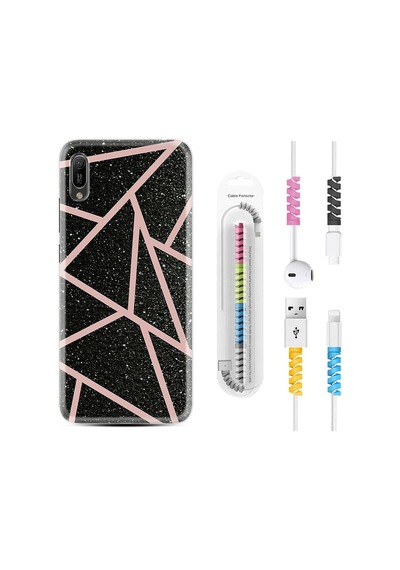 Huawei Y6 2019 Kılıf Kablo Koruyuculu Pembe Şeritli Mermer 1312