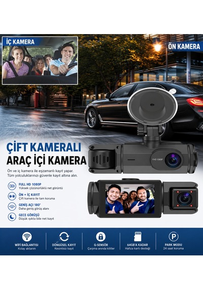 Nıvego Çift Kameralı Araç İçi Kamera Full Hd 1080p, Wifi, Gece Görüş, 180 Geniş Açı, G-sensör, 64gb Destekli Dash Cam