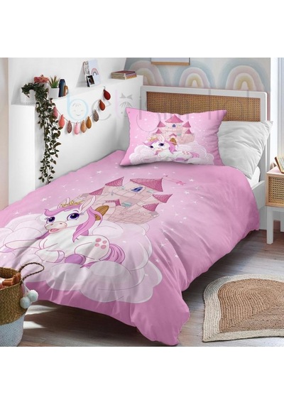 Sevimli Unicorn Pony Sevimli At Gökkuşağı Şato Saray Desenli Tek Kişilik Bebek Çocuk Nevresim Takımı