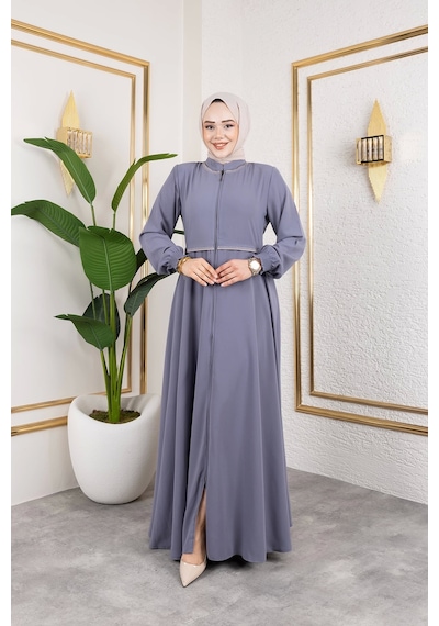 Nevayla Moda Yaka Ve Bel Nakış Detaylı Ferace - Gri / F0143 Gri