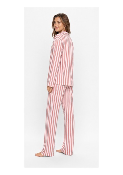 Sleeproom Kadın Süet Mevsimlik Uzun Kol Pudra Pembe Çizgi Desen Pijama Takımı