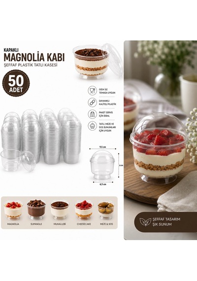 50 Adet Kapaklı Tatlı Kabı Magnolia Kasesi Şeffaf Plastik 200 Cc Magnolya Kase