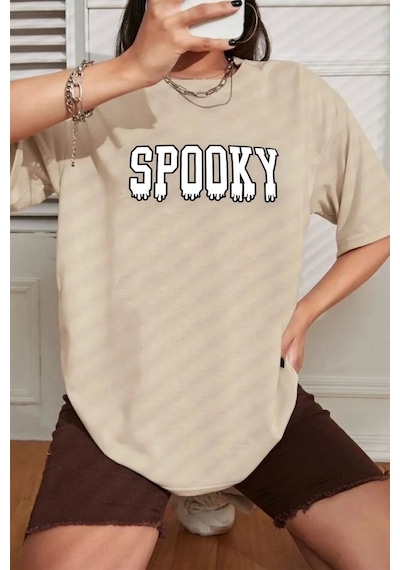 Unisex Spooky Baskılı T-shirt Bej