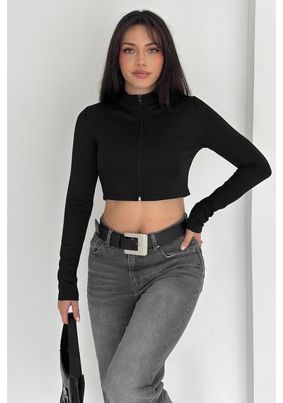 Kadın Fermuarlı Crop Ceket Dinamik & Modern Stil Siyah