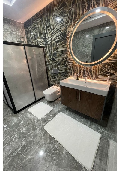 Villadia Home Textile 2'li Peluş Post Banyo Halısı Klozet Takımı Kaymaz Taban Yıkanabilir Banyo Paspası Beyaz