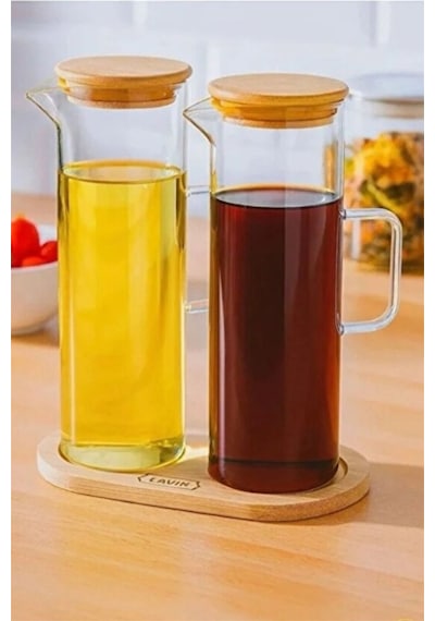Reoona 3 Parça 400 Ml Borosilikat Yağlık - Bambu Altlık Ve 2 Adet Bambu Kapaklı Cam Yağdanlık Şeffaf
