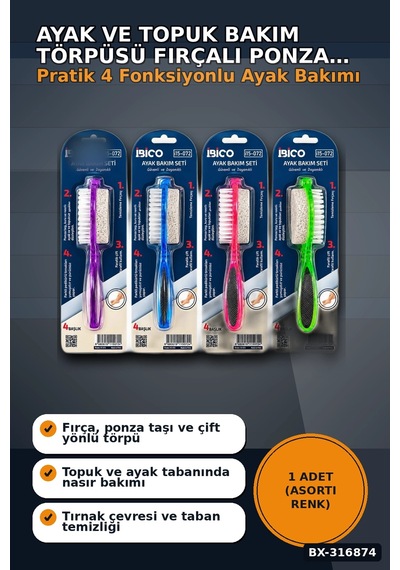Ayak Ve Topuk Bakım Törpüsü Fırçalı Ponza Taşlı 4 Fonksiyonlu Asorti 1 Adet Bx-316874