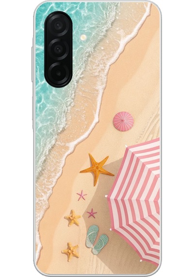 Samsung Galaxy A26 Uyumlu Pembe Şemsiyeli Sahil Baskılı Silikon Kılıf Renkli