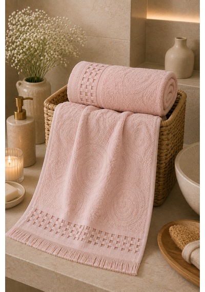 Paisley Desenli Saçaklı 2 Li Baş Ve Banyo Havlusu Seti 50x90 + 90x150 Cm - Pudra