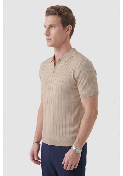 Deepsea Erkek Bej Polo Yaka Fermuarlı Çizgi Dokulu Regular Fit Likralı Triko Tişört 2608008