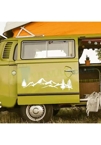 Karavan Çekme Dağ Orman Ağaçlar Oto Sticker Etiket Yapıştırma Çıkartma 1 Çift