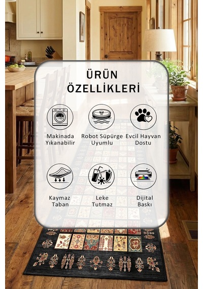 Siyah Yıkanabilir Mutfak Halısı 3