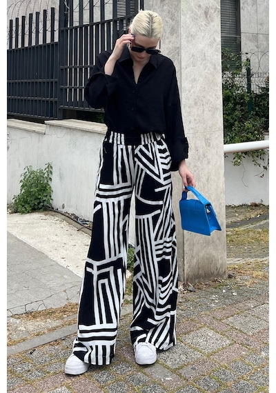 Madmext Siyah Desenli Beli Lastikli Bol Paça Pantolon Mg2051-siyah Siyah