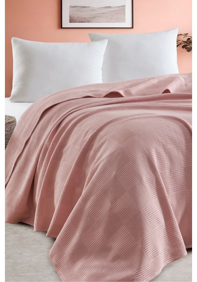 Battal Boy %100 Pamuk Pike Örtü 230x240cm Karo Desenli Pudra Weave Serisi Pudra