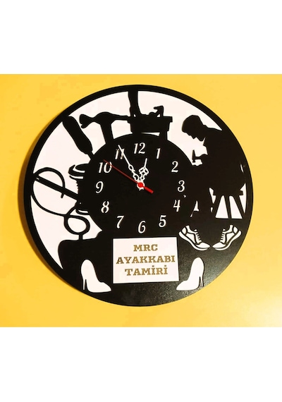 Ayakkabı /ayakkabı Tamiri Temalı İş Yerine Özel Kişiye Özel İsim Yazılı Duvar Saati Siyah