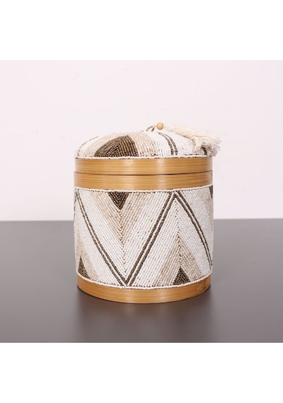Bali Boncuklu Bambu Saklama Kutusu L 20x23 Cm Beyaz