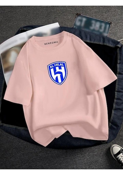 Oversıze Al Hılal Baskılı Unısex Tisort Baskılı Pembe