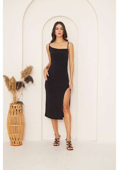 Darlin Moda Siyah Degaje Yaka Yırtmaçlı Elbise Dm1040