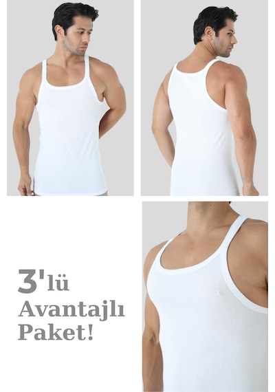 Arma Yıldız Erkek Beyaz İnce Askılı Atlet 3'lü Paket Pamuklu Ribana Esnek Kumaş Beyaz
