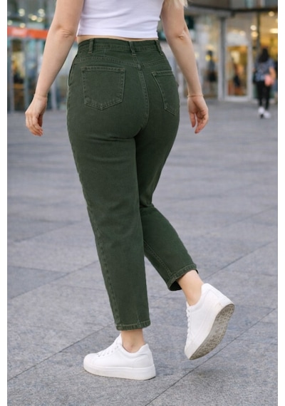 Cedy Denim Mom Fit Jean Büyük Beden Yüksek Bel Carrot Kesim Dar Paça Pileli Esnek Kot Pantolon C600 Haki
