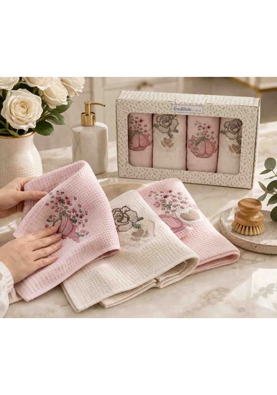 Özdilek 4 Lü Mutfak Havlusu 30x60 Cm %100 Pamuk Nakışlı Set Yumuşak Emici Şık Tasarım 4 Renk