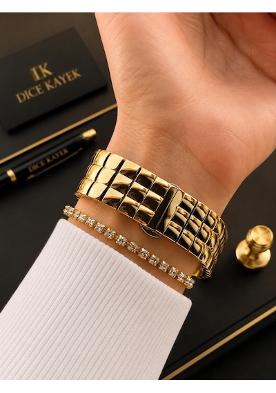 Dice Kayek Premium Vintage Kadın Kol Saati Gold Çelik Kordon 5 Atm Su Geçirmez Bileklik Hediyeli D20 Sarı