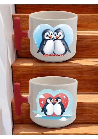 Penguenler 2'li Latte Bardağı - Doğum Günü Hediyesi, Sevgiliye Hediye, Anneye Hediye, Babaya Hediye Beyaz