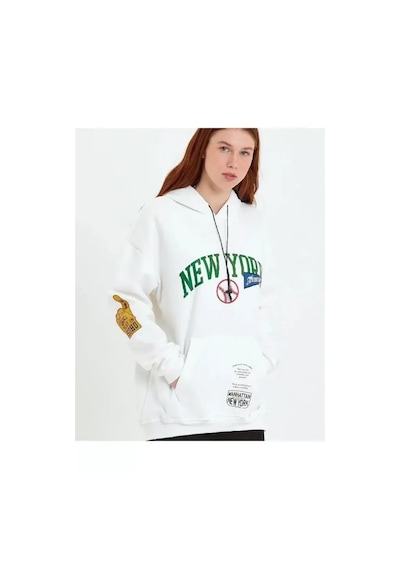 Baskılı Kapüşonlu Sweatshirt - Beyaz Beyaz