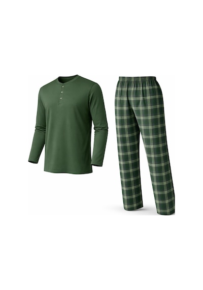 Mutlu City Erkek Mevsimlik Uzun Kollu 3 Düğmeli Ekose Alt Pijama Takımı 16652 Haki