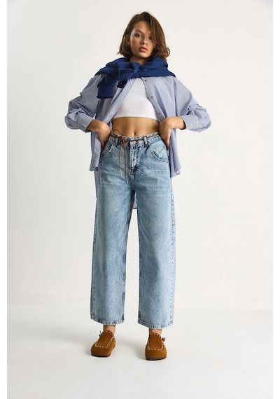 Shade Kadın Geniş Paça Yüksek Bel Deri İp Kemerli Denim Pantolon 5288 60284109 - Kar Yıkama