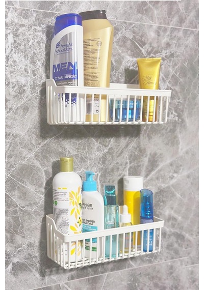 Banyor Yapışkanlı Banyo Rafı, 2'li Banyo Düzenleyici Organizer Banyo Duş Rafı Şampuanlık, Plsti Beyaz