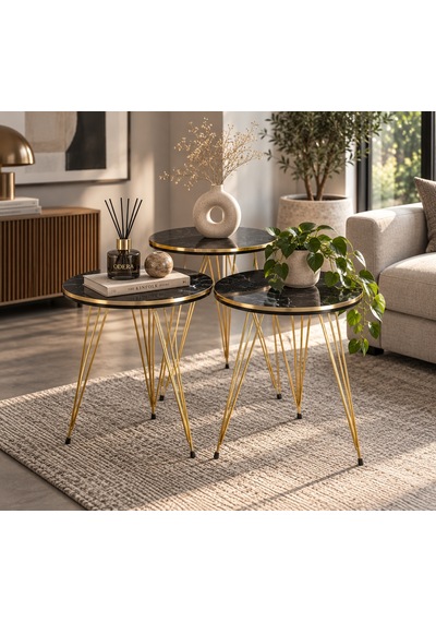 Odera Çift Bendir Siyah Mermer Desenli Yuvarlak Zigon Sehpa 3'lü Set Tel Metal Ayaklı Retro Salon Sehpası