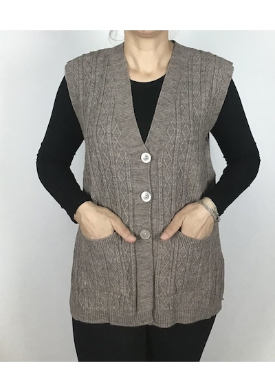 Önü Düğmeli Cepli Yünlü Kısa Anne Yelek Vizon