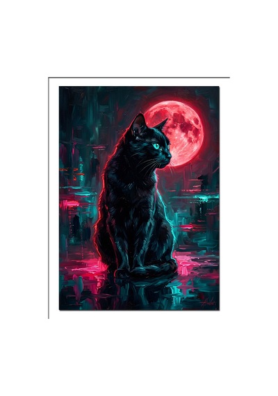 Dolunay Altında Neon Kara Kedi Dekoratif Kanvas - Mdf Ahşap Tablo