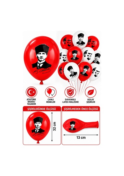 Atatürklü Balon 30 Adet Ata Balon Süsleme 29 Ekim 23 Nisan Kırmızı Beyaz Balon Bayrak Balon Bayram Beyaz - Kırmızı