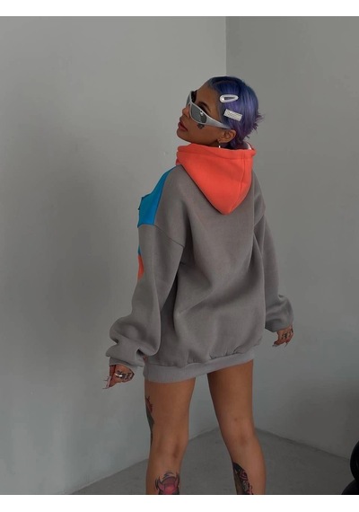 Assema Kadın W Nakış İşlemeli Kapüşonlu Üç İplik Pamuklu Sweatshirt - Mavi Çok Renkli