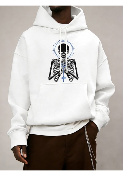 Startmore Startmoreölüm İçin Dua Edin İskelet Baskılı Erkek Temel Kapüşonlu Ceket Cepli Moda Sweatshirt Günlük B Beyaz