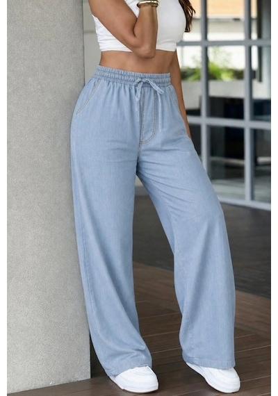 Defymoda Kadın Yüksek Bel Lastikli Bağcıklı Kot Pantolon Mavi