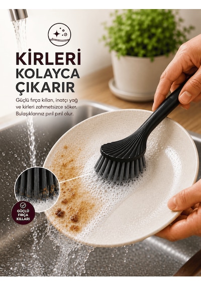 Beylini Tezgah Üstü Silikon Uçlu Bulaşık Yıkama Fırçası Çizdirmez Lavabo Tezgah Üstü Tabak Bardak Banyo Fırça Siyah