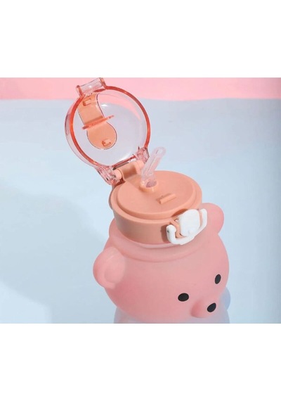 Ayıcıklı Bardaklı Pipetli Matara 750 Ml Smile Okul Su Şişesi Çocuk Suluk Pembe Plastik Diğer