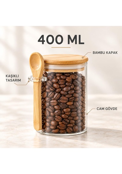 Bambu Kaşıklı Cam Kavanoz 400 Ml, Bambu Kapaklı Borosilikat Baharatlık, Hava Almaz Kahve, Şeker Ve Çay Saklama Kabı Diğer