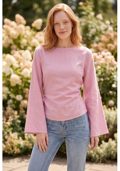 Soulshae Kadın Keten Kayık Yaka Uzun Kollu Volanlı Kol Arka Bağlamalı Bluz Pembe