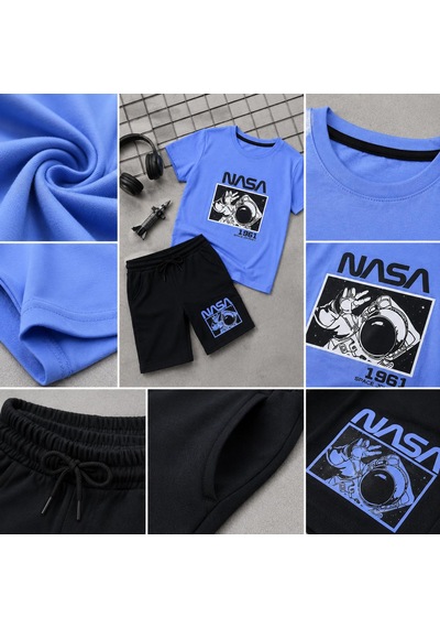 Durukoza Erkek Çocuk Nasa Baskılı Şortlu Takım Mavi Siyah Yazlık Takım 6-14 Yaş
