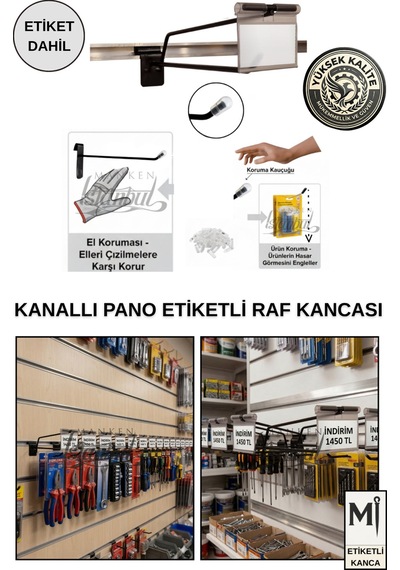 25 Adet 20 Cm Etiketli Siyah Kanallı Pano Kancası Koruma Kauçuklu Ekstra Güçlü Raf Askısı Kancası