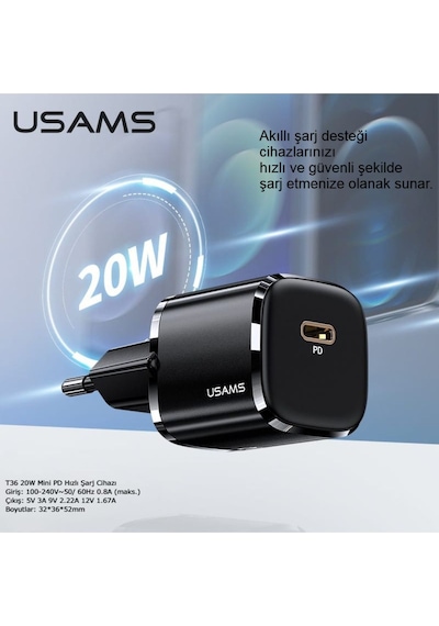 Usams Us-cc124 T36 Type-c 20w Super Si Pd 3.0 Hızlı Şarj Cihazı Apple Uyumlu iPhone Android