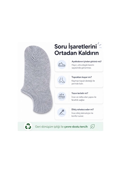 Genel Erkek Geri Dönüşüm İplikli 12 Li Görünmez Sneaker Çorap, İnce Dikişli, Nefes Ala Gri 12'li / 39-44
