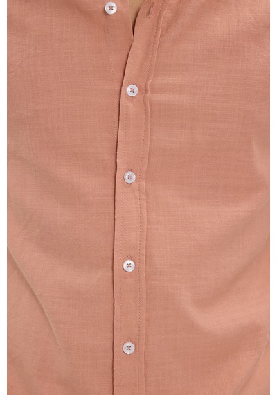 Tudors Erkek Slim Fit Dar Kesim %100 Pamuk Düğmeli Yaka Flam Keten Turuncu Gömlek-50269
