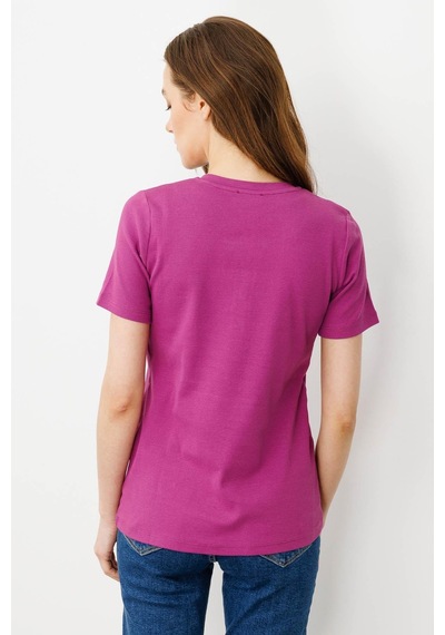 Kadın Açma Yaka Boncuk İşlemeli Pamuklu T-shirt Lacivert Sıklamen